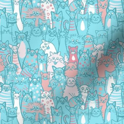 Cat crowd - small scale - turquoise and peach, coral