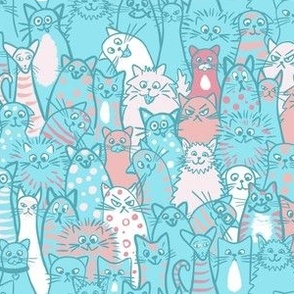Cat crowd - small scale - turquoise and peach, coral