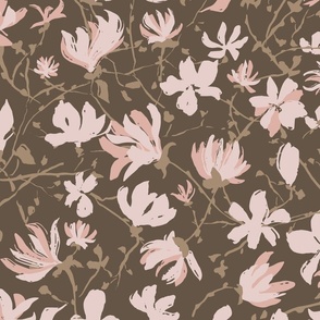 (L) Star Magnolias | Soft Blush Pink, Rosy Cream and Gold on Brown | Large scale