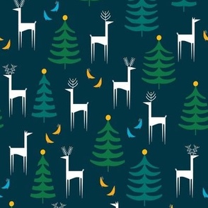 White Deer with Trees and Birds in Midnight Blue - Small Scale