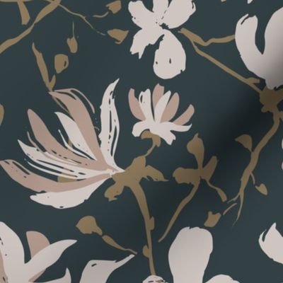 (L) Star Magnolias | Mocha Brown, Cream Beige and Gold on Navy Blue | Large scale