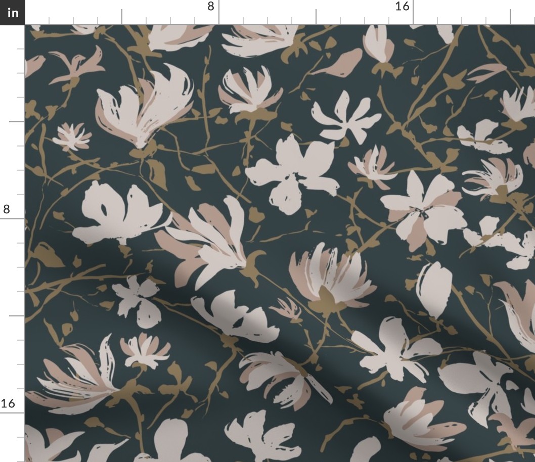 (L) Star Magnolias | Mocha Brown, Cream Beige and Gold on Navy Blue | Large scale