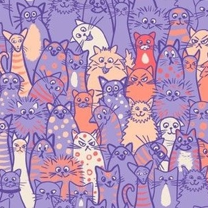 Cat crowd - small scale - purple and peach, coral