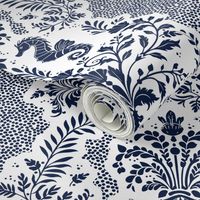 Seahorse Serenade Damask - Navy on White Bubbles Wallpaper - New for 2024
