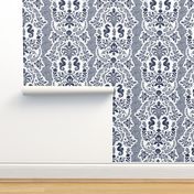 Seahorse Serenade Damask - Navy on White Bubbles Wallpaper - New for 2024