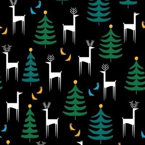 White Deer with Trees and Birds in Midnight Black - Small Scale