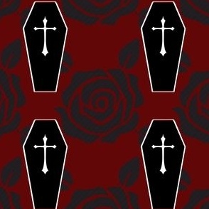  Coffin and Roses on Burgundy
