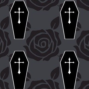 Coffin and Roses on Grey