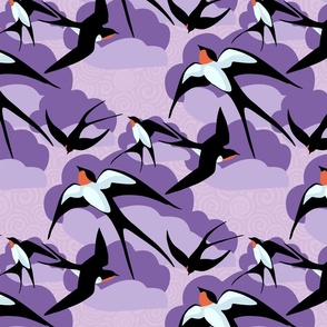 flying swallows on a background with clouds and texture in shades of lavender and purple - medium scale