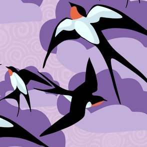 flying swallows on a background with clouds and texture in shades of lavender and purple - large scale