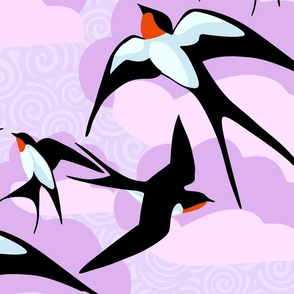 flying swallows on a background with clouds and texture in shades of pink and purple - large scale