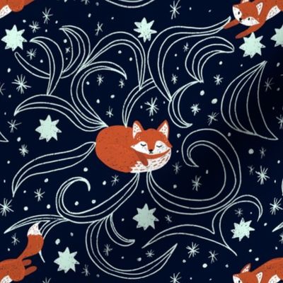 Red, woodland fox - Midnight blue | Medium Version | foxes, stars and night sky print