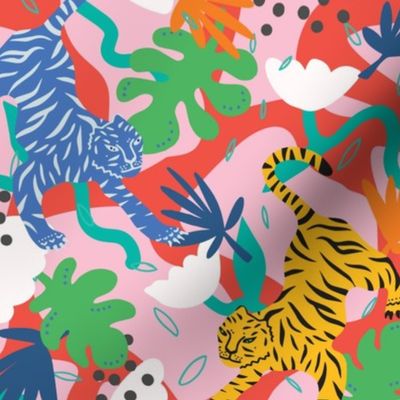 Mini - Dancing Tigers, Colorful jungle tiger print, Modern animal design, Modern tiger fabric and wallpaper