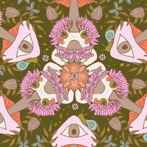 Pink Truffle Retro Toadstool Psychedelic Frogs, Surreal Mushrooms, and Blooms