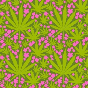 Heart California Retro Tropical Mini Grass Green Cannabis Leaf And Flowers Modern Ditzy Hippy 90’s Beach Hot Pink Floral Botanical Surf Skate Street Style Trending Color Repeat Pattern