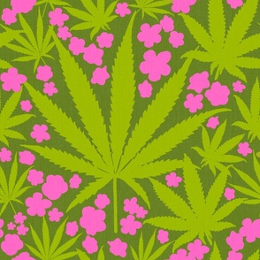 Heart California Retro Tropical Grass Green Cannabis Leaf And Flowers Modern Ditzy Hippy 90’s Beach Hot Pink Floral Botanical Surf Skate Street Style Trending Color Repeat Pattern