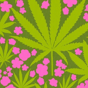 Heart California Retro Tropical Big Grass Green Cannabis Leaf And Flowers Modern Ditzy Hippy 90’s Beach Hot Pink Floral Botanical Surf Skate Street Style Trending Color Repeat Pattern