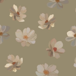 Painterly style creamy flowers on khaki tan