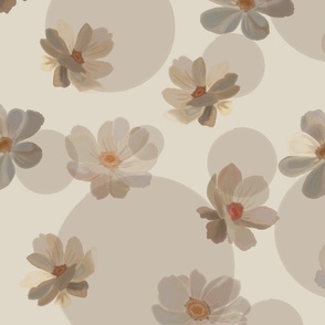 Painterly style creamy flowers and circles on beige