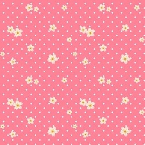 Tiny White Polka Dots on Pink with flowers