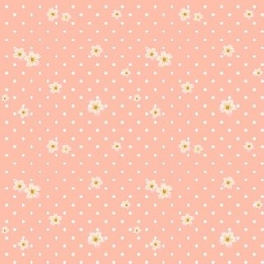 Tiny White Polka Dots on Peach with Flowers