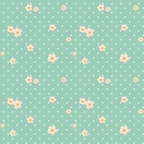 Tiny White Polka Dots on dusty green with flowers