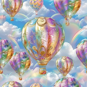 Colorful Hot Air Balloons with Rainbows and Clouds