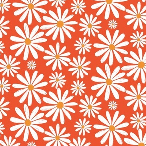 White daisy florals on bright red - Large