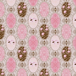 Beautiful vintage pattern with medallions and vignettes of pink and cocoa