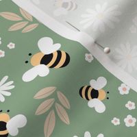Buzzing Bees colorful daisy garden springtime design on olive green