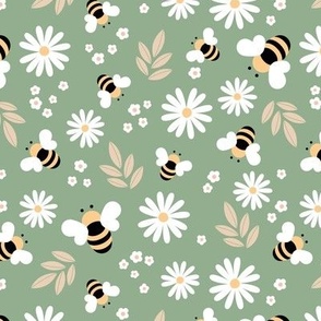 Buzzing Bees colorful daisy garden springtime design on olive green