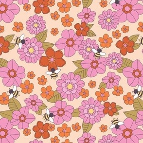 Retro seventies bees and flowers summer design for girls pink red on cream sand 