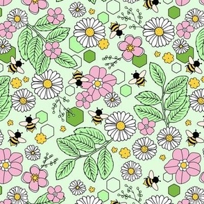 Vintage colorful freehand flowers leaves and spring bees retro mint pink 