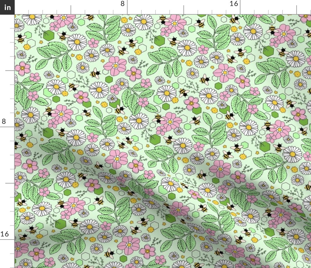 Vintage colorful freehand flowers leaves and spring bees retro mint pink 