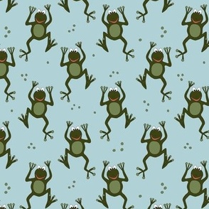 513 - Frog Dance in aqua and dark forest green, cute amphibians with smiley happy faces, for kids décor, curtains, wallpaper, apparel, swim wear and bags