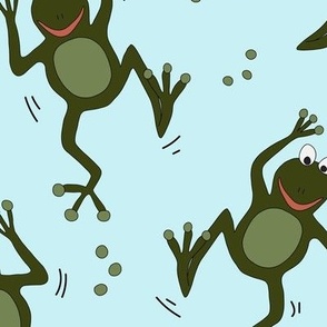 514 - Froggy frog jump jump! happy little creatures dancing full of joy  - Frog Dance in aqua and dark forest green, cute amphibians with smiley happy faces, for kids décor, curtains, wallpaper, apparel, swim wear and bags