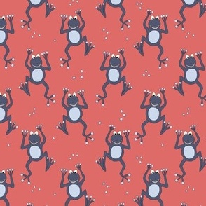 513 - Frog Dance in watermelon coral and dark grey green, cute amphibians with smiley happy faces, for kids décor, curtains, wallpaper, apparel, swim wear and bags