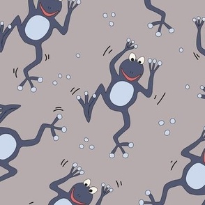 514 - Frog Dance in taupe and steel grey cute amphibians with smiley happy faces, for kids décor, curtains, wallpaper, apparel, swim wear and bags