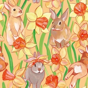 Rabbits and Daffodils cute hand drawn easter animals