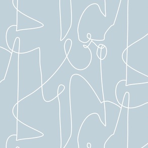 (L) Continuous Line Art Modern Abstract Scribble Coastal Pale Blue Gray and White  