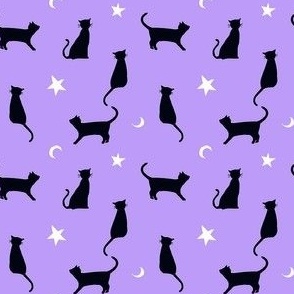 Halloween Black Cats Moon and Stars on Light Purple Lilac