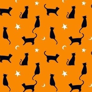 Halloween Black Cats Moon and Stars on Orange