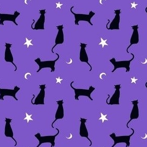 Halloween Black Cats Moon and Stars on Purple