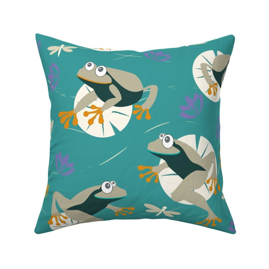 leaping frogs on Lilly pad on teal Fabric | Spoonflower