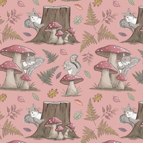 Scampering Squirrels  - Medium Scale on Rose Pink