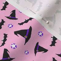 Halloween Witches Hats & Bats Black on Pink