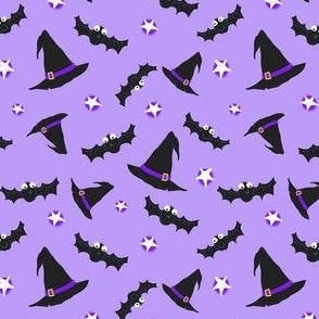 Halloween Witches Hats & Bats Black on Lilac light Purple