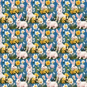 Cute Easter Bunnies and Spring Flowers on Blue 