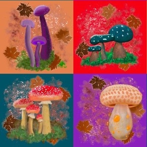 Mushroom Patchwork Quilt Blocks Red Purple Blue Pink 4 inch squares