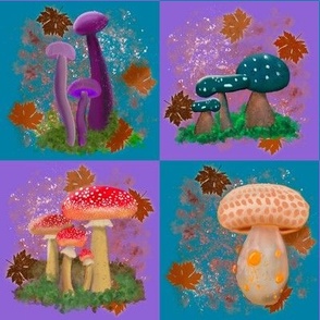 Mushroom Patchwork Quilt Blocks Blue Purple (4 inch squares. on fabric)